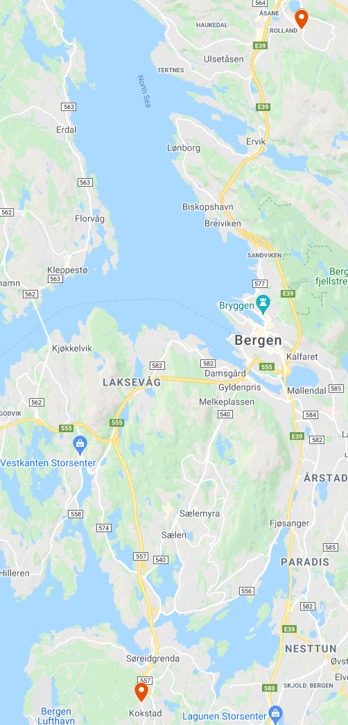 Kart over Bergen område med AutoIn avdelinger